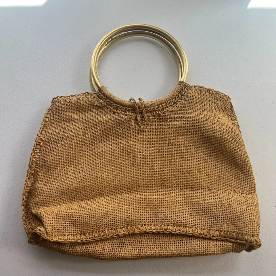 Bolsa de Papel Boho Hecha a Mano Vintage Años 70 Bolso de Mano Playa Picnic Madera Cierre de Botón Foto 2 de 4