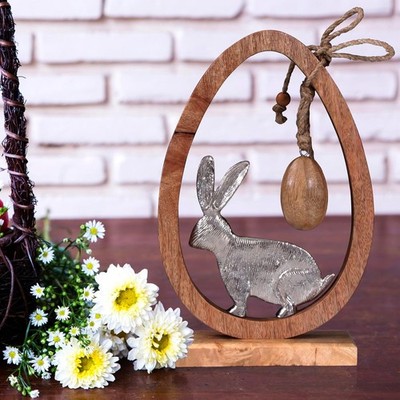 Easter Bunny Décor Rustic Wooden & Aluminium Rabbit Bunnies Figurine Hanging Egg