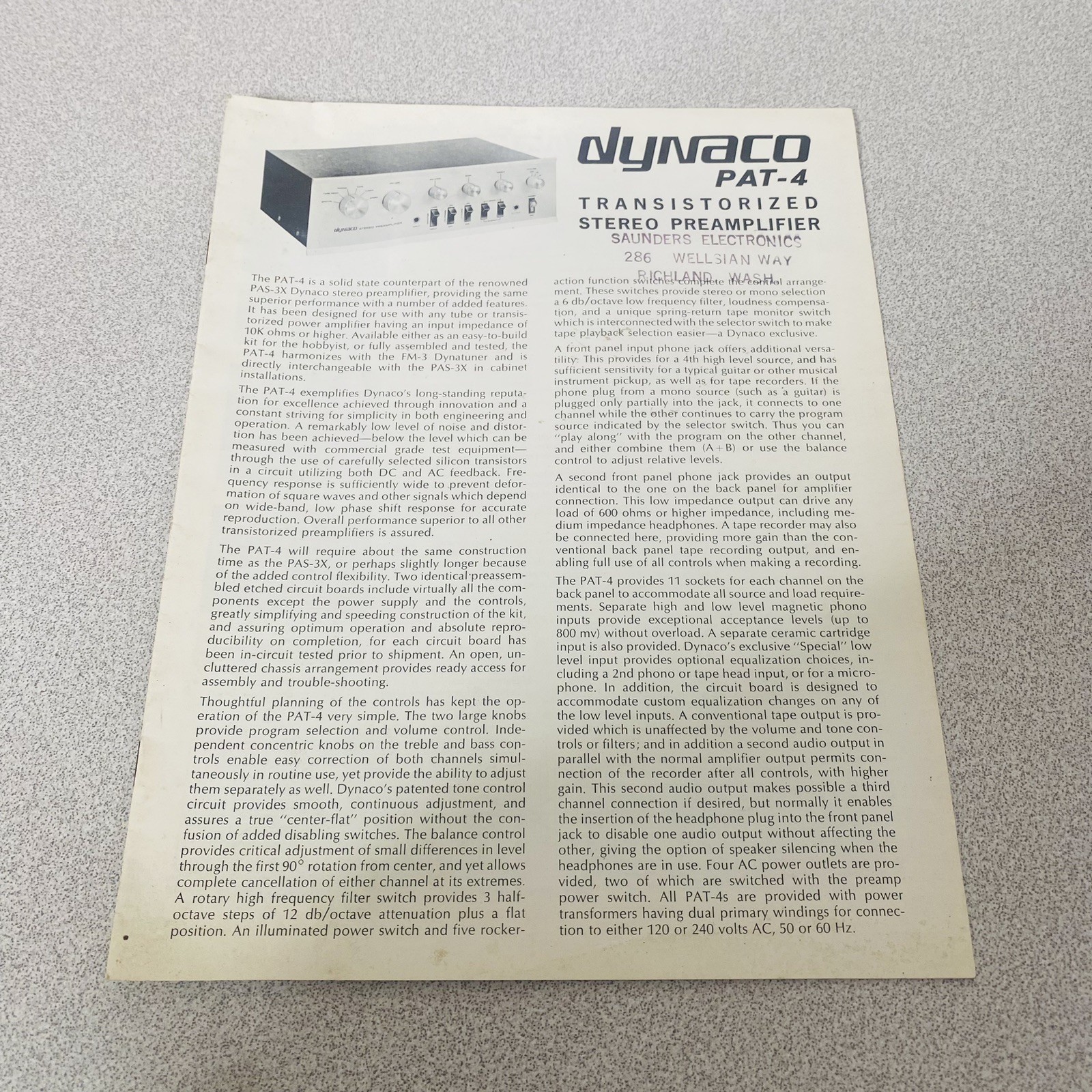 Dynaco PAT-4 Info Brochure W/ Specs Vtg F0168 USA Reprint Stereophile Store Copy