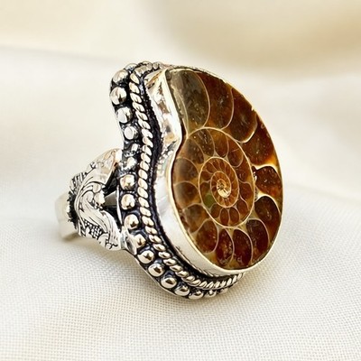 Natural Ammonite Gemstone Handmade 925 Sterling Silver Ethnic Jewelry Ring