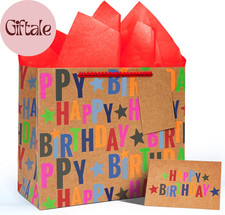 13" Large Kraft Birthday Gift Bag with Tissue Paper and Greeting Card, Colorful