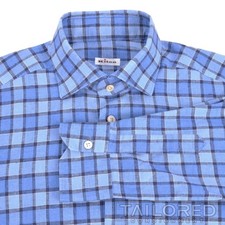 KITON Recent Blue Plaid Check Linen Mens Luxury Casual Dress Shirt - LARGE