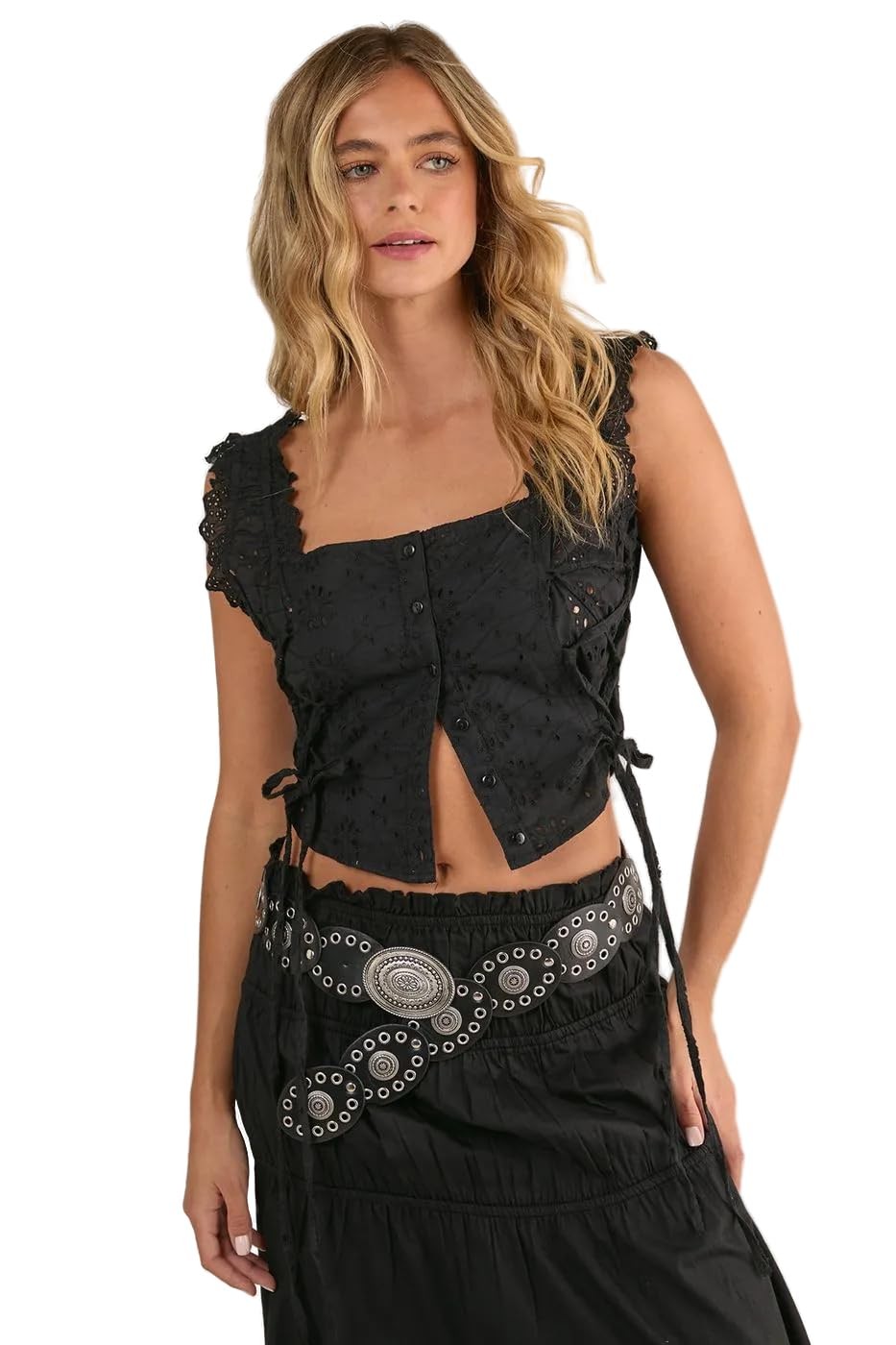 Soft Corset Broderie Lace Up Side Top Black