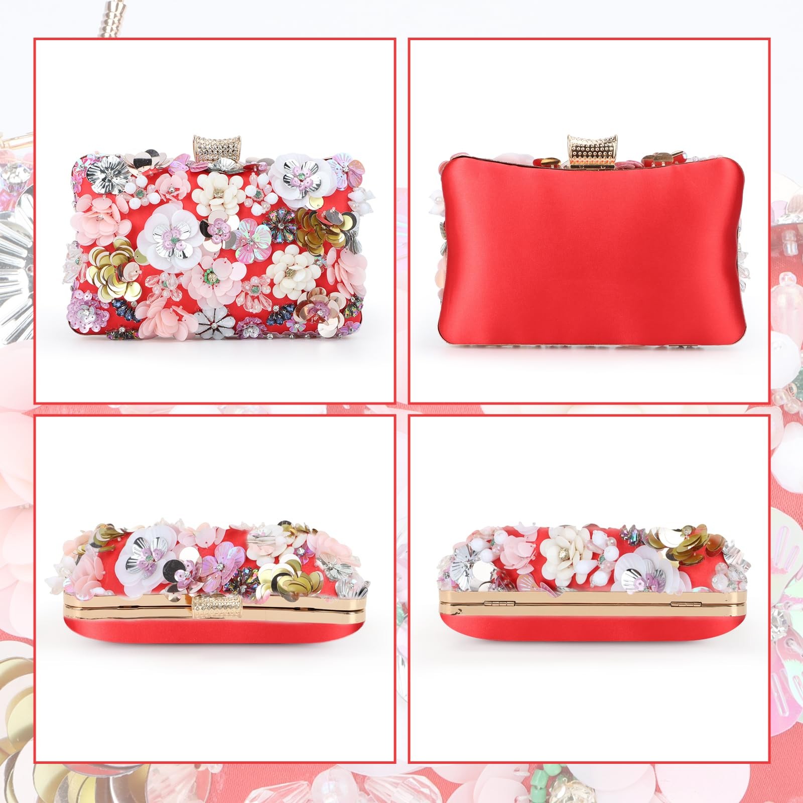 Clutches Flower Evening Handbag Chain Strap Shoulder Bag Red
