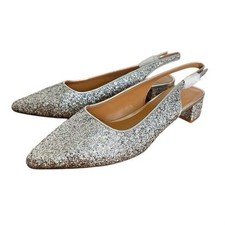 J. Crew Silver Glitter Multicolor Sling Back Pointed Party Toe Heels Shoes