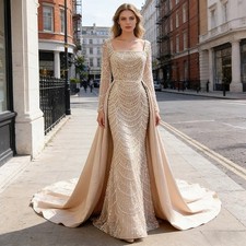 Elegant Pearl Evening Dress Detachable Skirt Luxury Long Sleeve Wedding Gown