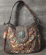American Bling Purse Brown Tooled vegan Leather Western Studded Bag Tote paisley
