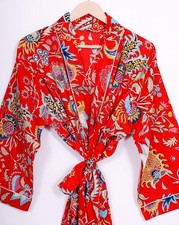 Red Floral Paisley Print 100% Cotton Kimono Drawstring Midi Bath Robe For Women