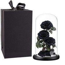 Valentines Day Gift Preserved Roses in Glass Dome Handmade Flower Black Box