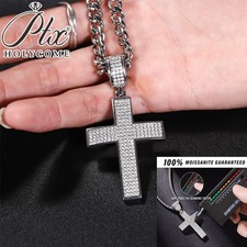 MEN SOLID 925 STERLING SILVER Necklace ICY BLING 2CT MOISSANITE 3D CROSS PENDANT