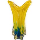 Hand Blown Art Glass Vase Yellow Blue Heavy Glass 10in Vintage Style