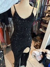 Long Black Sequin Evening Dress Gown High Slit Adjustable Straps Size Small