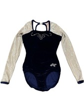 Alpha Factor Leotard Youth 6 Long Sleeve Velvet Shimmer Rhinestones Navy USA