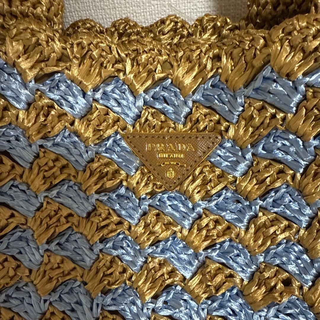 PRADA Raffia Basket Tote Bag Medium Beige Brown Blue Hand Bag Used