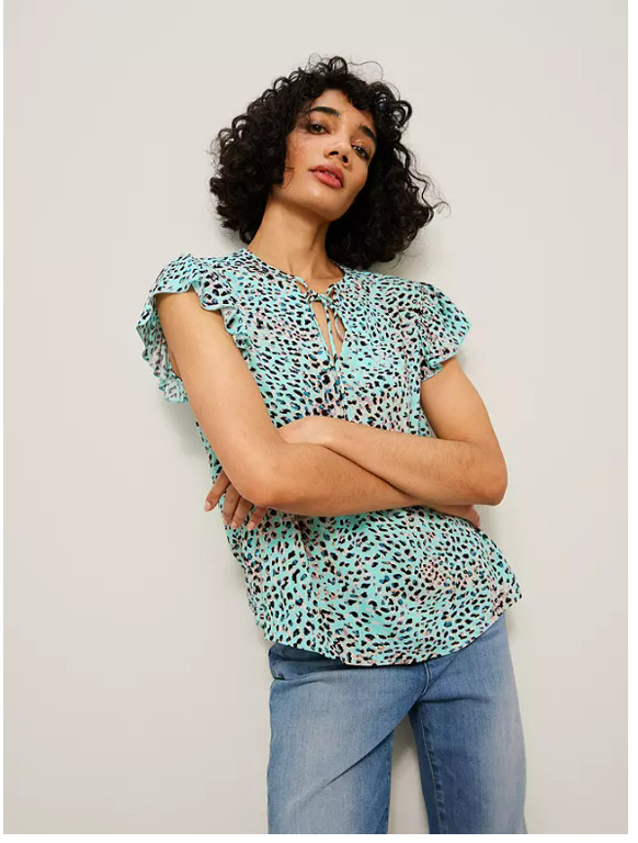 AND/OR Angel Sleeve Animal Print Blouse Aqua Size 10 John Lewis RRP £49.00 CA465