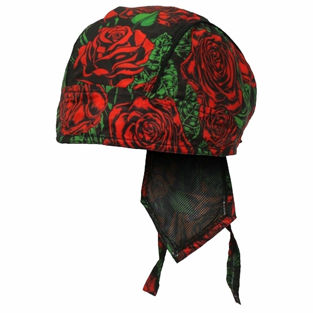 Red Green Roses over Black Flowers Premium Lined Head Wrap Biker Durag Sweatband