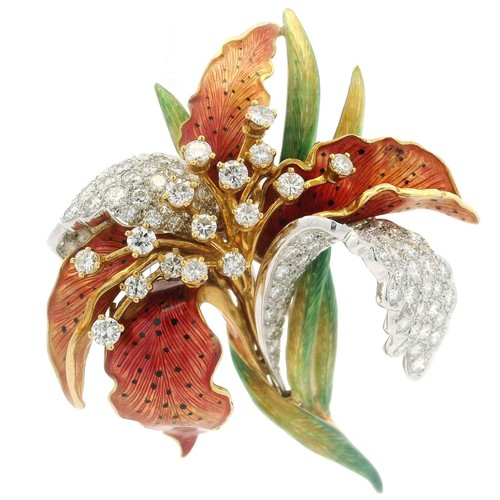 Vintage Italian 18k Gold 5ctw Diamond Enamel Textured Large Flower Pin