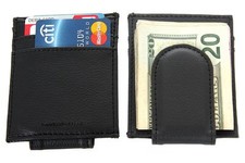Leather Magnetic Money Clip 3 Credit Card Slim Design Black Men's Wallet