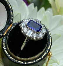 2Ct Blue Sapphire Emerald Cut CZ Antique Style Ring In Solid 925 Sterling Silver