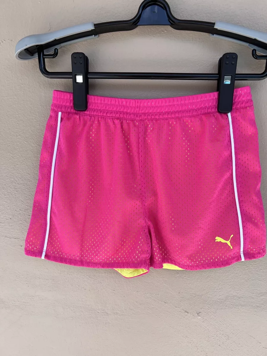 Puma Girls Athletic Shorts Size L Pink Mesh over Yellow Lining White Stripes