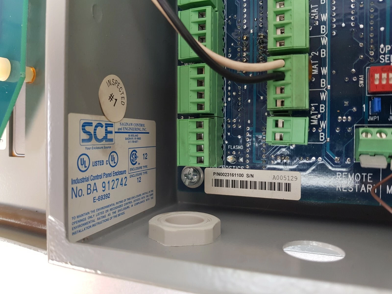 SCE Type 12 enclosure label and board terminals inside the Larco 5000EX