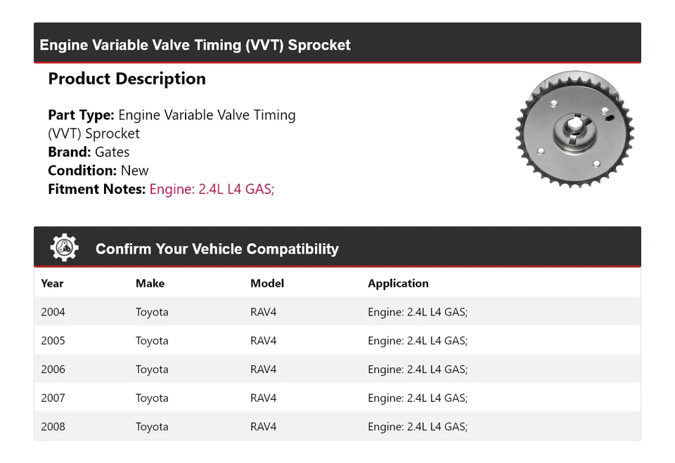 Для 2004-2008 Toyota RAV4 2.4L L4 газовый двигатель VVT звездочки ворота 2005 2006 2007 - Изображение 2 из 4