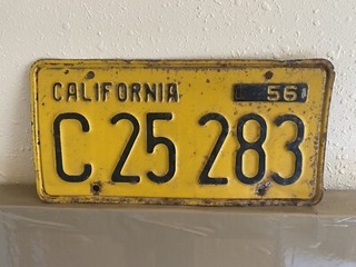 1956 California License Plate C 25 283 Vintage Yellow Black Original Metal
