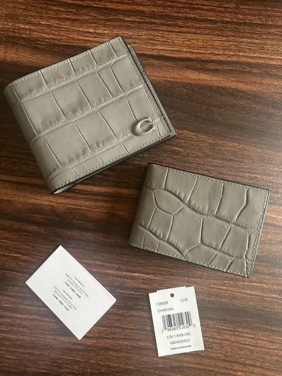 Coach Men's Charcoal 3-In-1 Crocodile-Embossed Leather Wallet