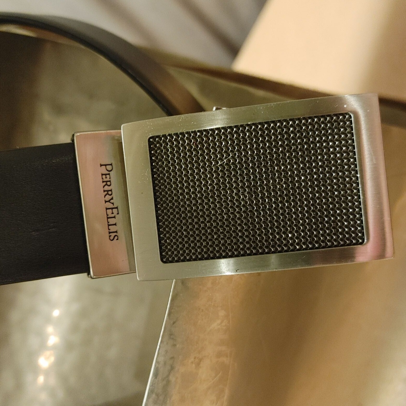 Leather Belt Size 40 Perry Ellis Designer Textured Metallic Buckle Black Size-image