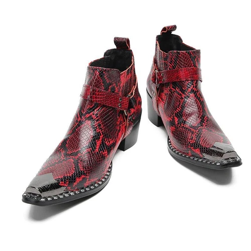 Men High Heel Rivets Snakeskin Pattern Serpentine Leather Metal Toe Ankle Boots - Picture 19 of 22