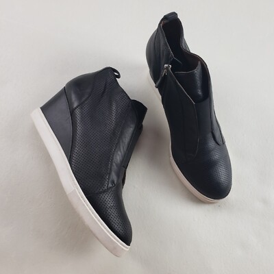 Linea Paolo Felicia Wedge Bootie Womens Black Leather Side Zip Sneaker  Shoe