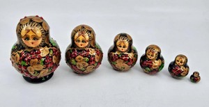 Set 6 Matryoshka Russian Nesting Dolls Flowers Leaves 3D Berries Signed Poccua