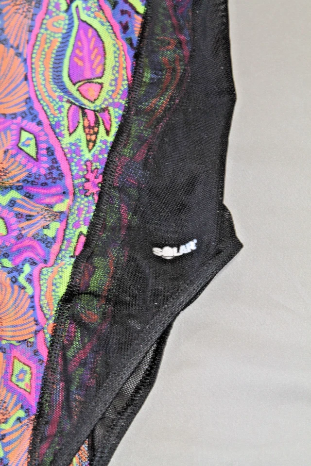 Vintage 90s SOLAR Tan Thru One Piece Swimsuit Multicolor Mesh Neon Medium READ - Image 3 of 4