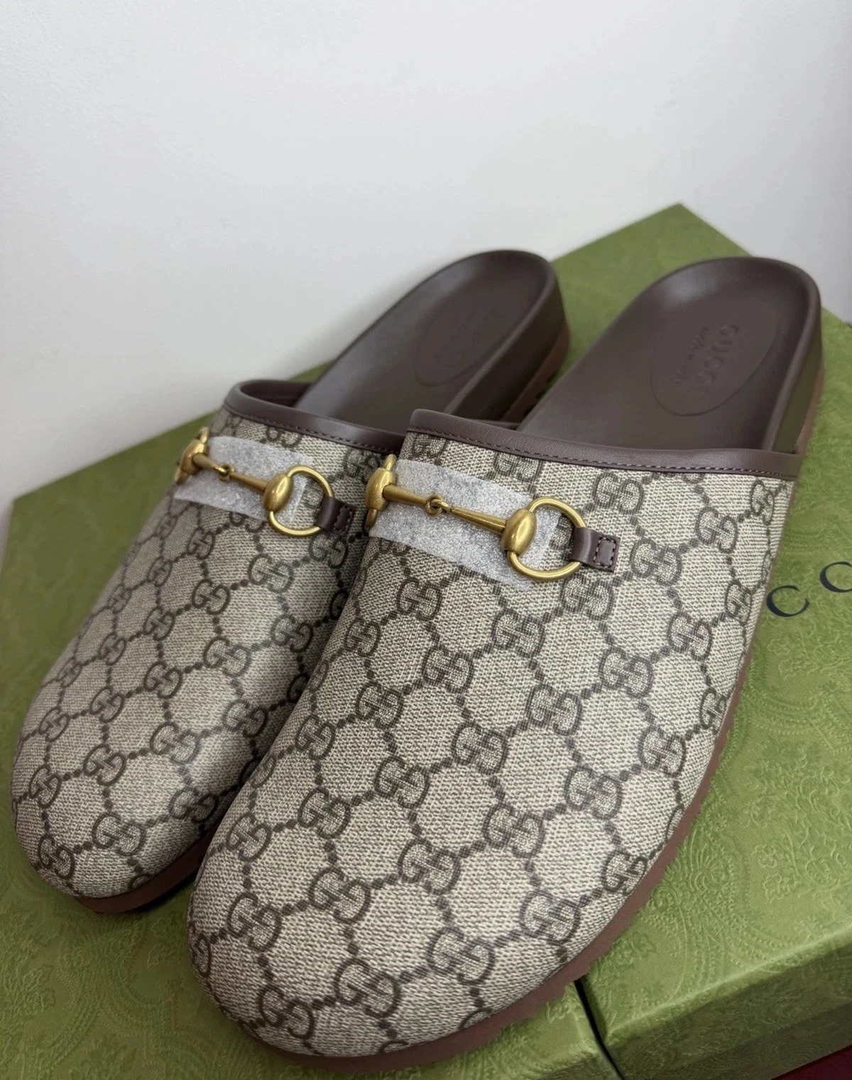 Gucci — Gucci Mens Brown Leather Horsebit GG Monogram Slip On Mules Size 13UK/14US