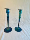 Steuben antique/vintage blue aurene set of 2 candlesticks 12"