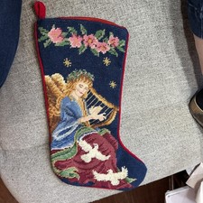 Vintage needlepoint Christmas Stocking Angel with Harp | Elsa Williams Style |