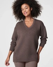 Spanx AirEssentials Brushed V-Neck Tunic Sweatshirt Top In Heathered Brown-M