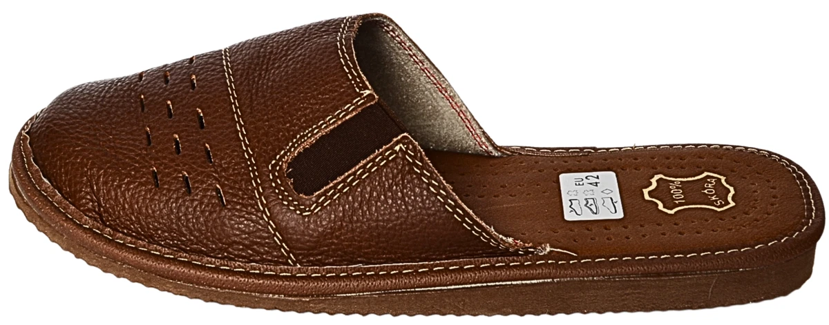 Herren Leder Hausschuhe Rindsleder  Pantoffeln Braun Latschen Schlappen Gr.40-46