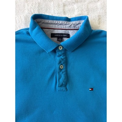 Tommy Hilfiger Mens Short Sleeve Pique Polo Shirt Blue Large L Logo Cotton