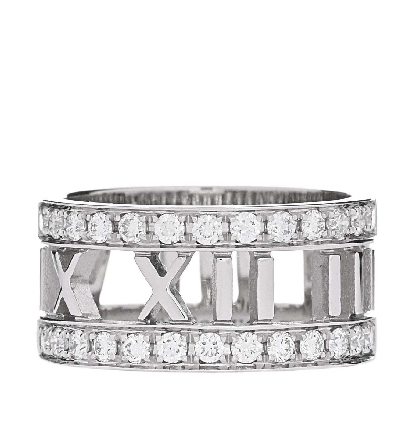 Tiffany & Co. Atlas 18k White Gold Diamond Roman Numeral Band Ring Size 5