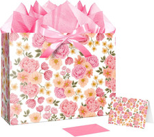 15.7" Extra Large Pink Floral Gift Bag with Tissue Papers Ribbons and Greeting C