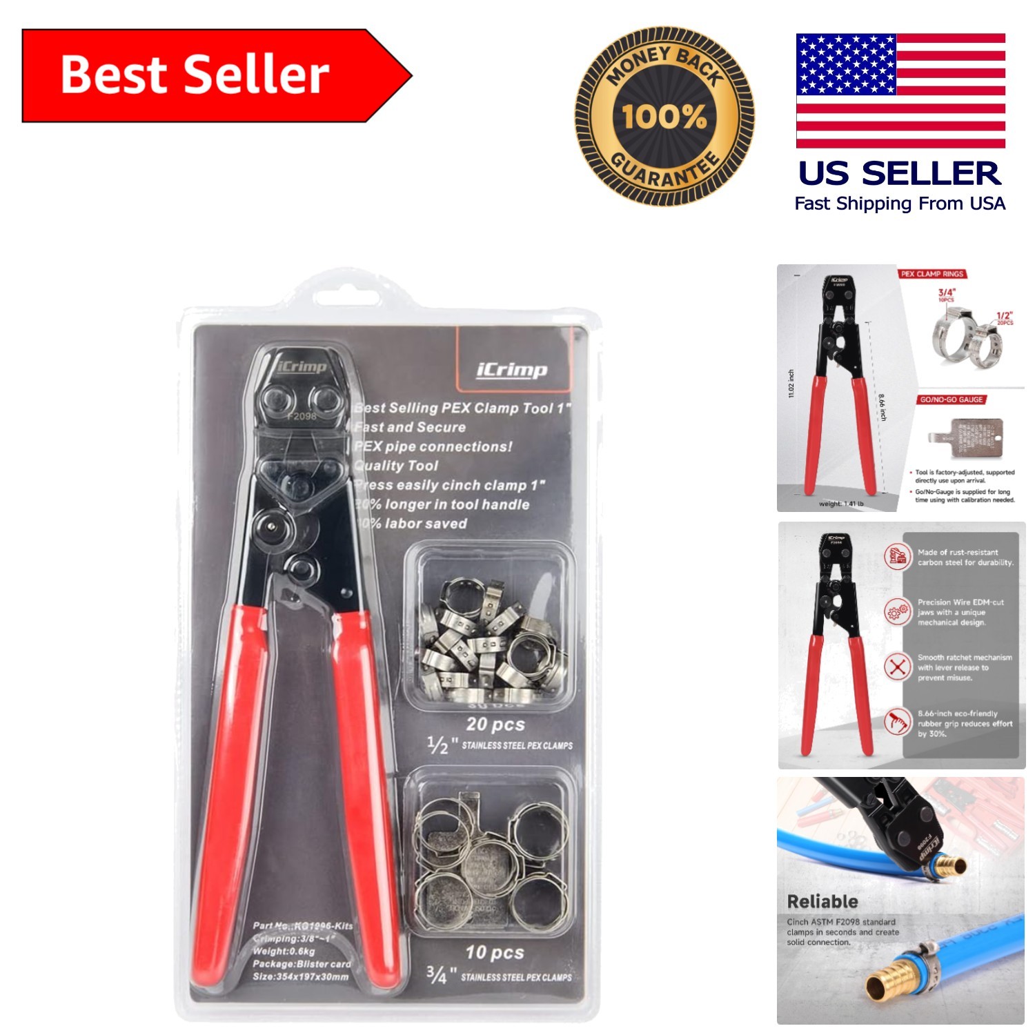 iCrimp PEX Crimping Tool Kit with 30 Stainless Steel Clamps – Plumbing Essential