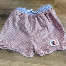 Red Gingham Boys' American Flag smocked swim Drawstring Waist size 6