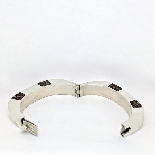 Sterling Silver Inlaid Brown Marble Stone Bracelet 6-3/4" Opening, 1/2" Wide - Picture 4 of 5