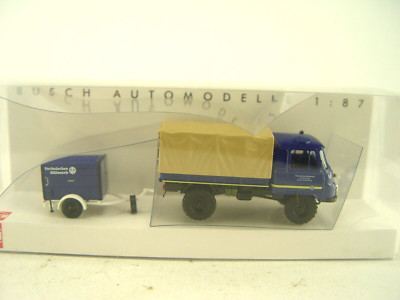 Robur LO 2002 A m. Anh. des THW  -   Busch   HO 1:87 -  50242 - #125  #E  gebr.