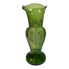 Vintage Bohemian Green Blown Art Glass Vase Ruffled Top Hand Painted Gold Gilded