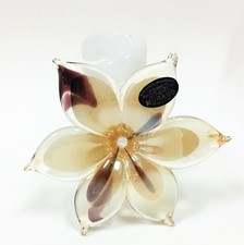 NEW 100% GENUINE MURANO BEIGE+BROWN+GLITTER 6 PETAL GLASS FLOWER VASE-ITALY