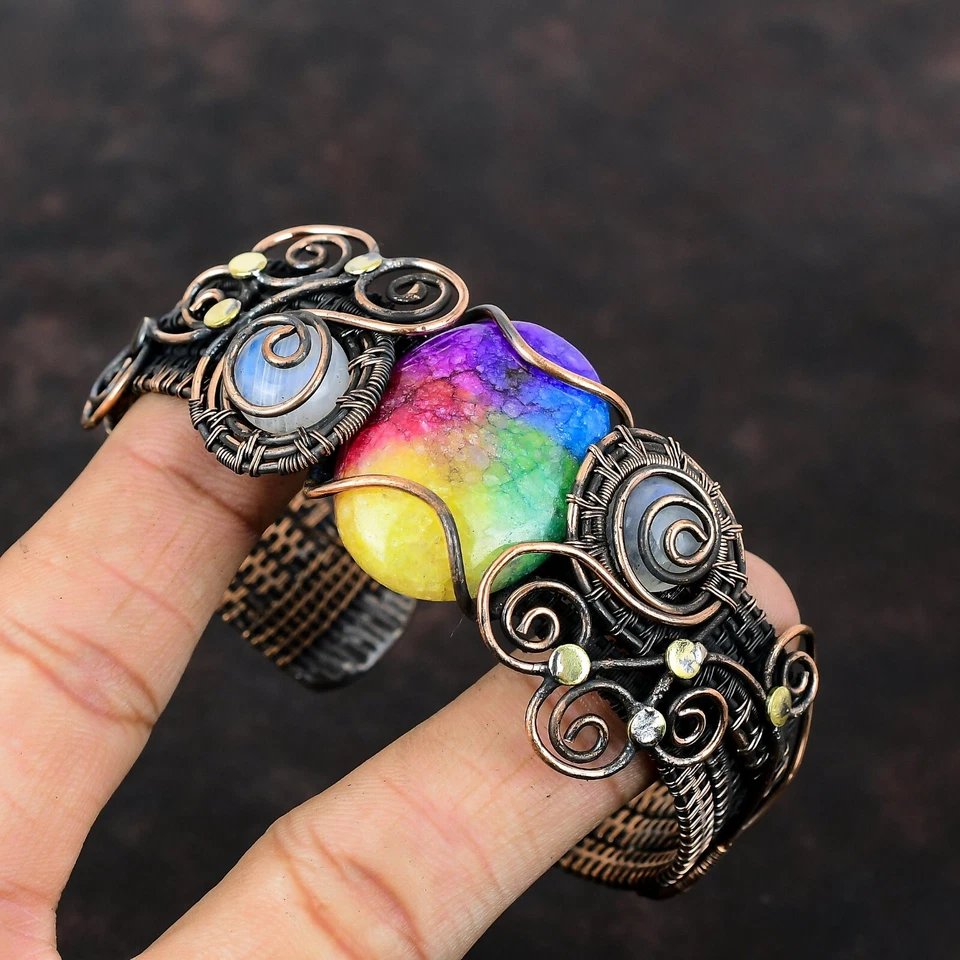 Brazalete ajustable envuelto en alambre de regalo madre cobre druzy cuarzo solar arco iris Foto 3 de 4