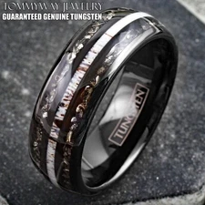 Black Tungsten Carbide Men's Ring w/ Deer Antler & Meteorite Wedding Band