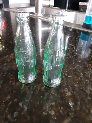 Vintage Coca-Cola Green Glass Salt & Pepper Metal Top Shakers